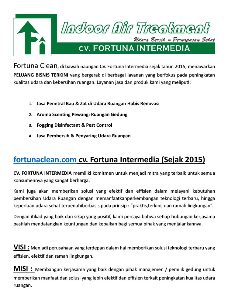 Kemitraan / Peluang Bisnis Rental Produk & Jasa Pembersihan / Sterilisasi Udara Ruangan / Gedung