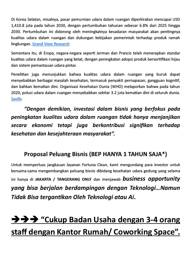 Kemitraan / Peluang Bisnis Rental Produk & Jasa Pembersihan / Sterilisasi Udara Ruangan / Gedung