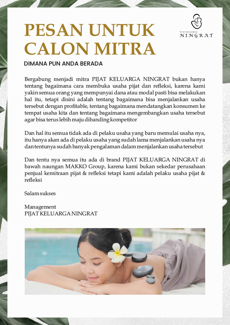 Kemitraan Peluang Bisnis Pijat Bayi, Anak, & Dewasa Teknik Tradisional Jawa Kuno Kemitraan Peluang Bisnis Pijat Bayi, Anak, & Dewasa Teknik Tradisional Jawa Kuno