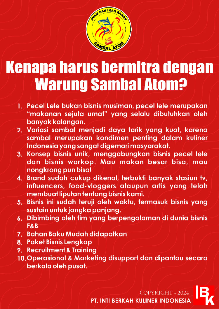 Kemitraan Peluang Bisnis Resto Pecel Lele & Ayam Bakar Warung Sambal Atom