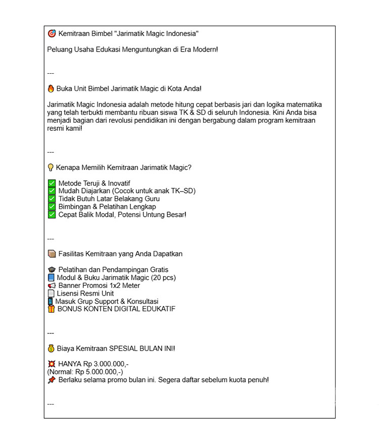 Kemitraan / Peluang Bisnis Pendidikan Kursus Matematika Berhitung Cepat Jarimatik Magic