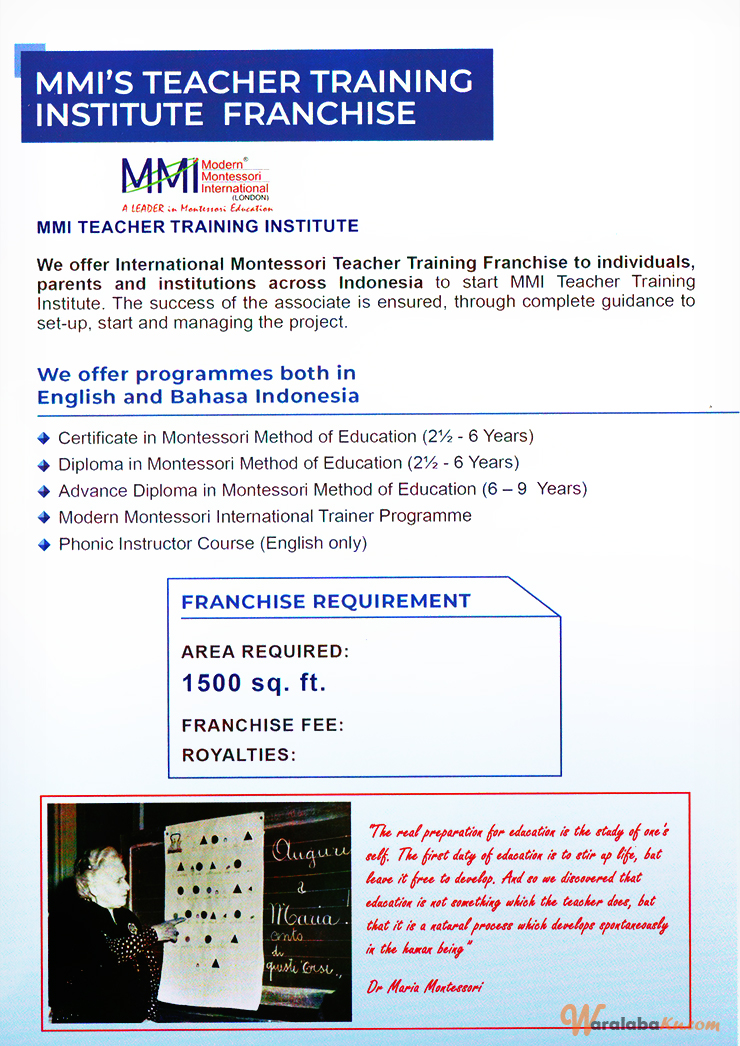 Franchise Peluang Usaha Pendidikan Modern Montessori International (MMI)