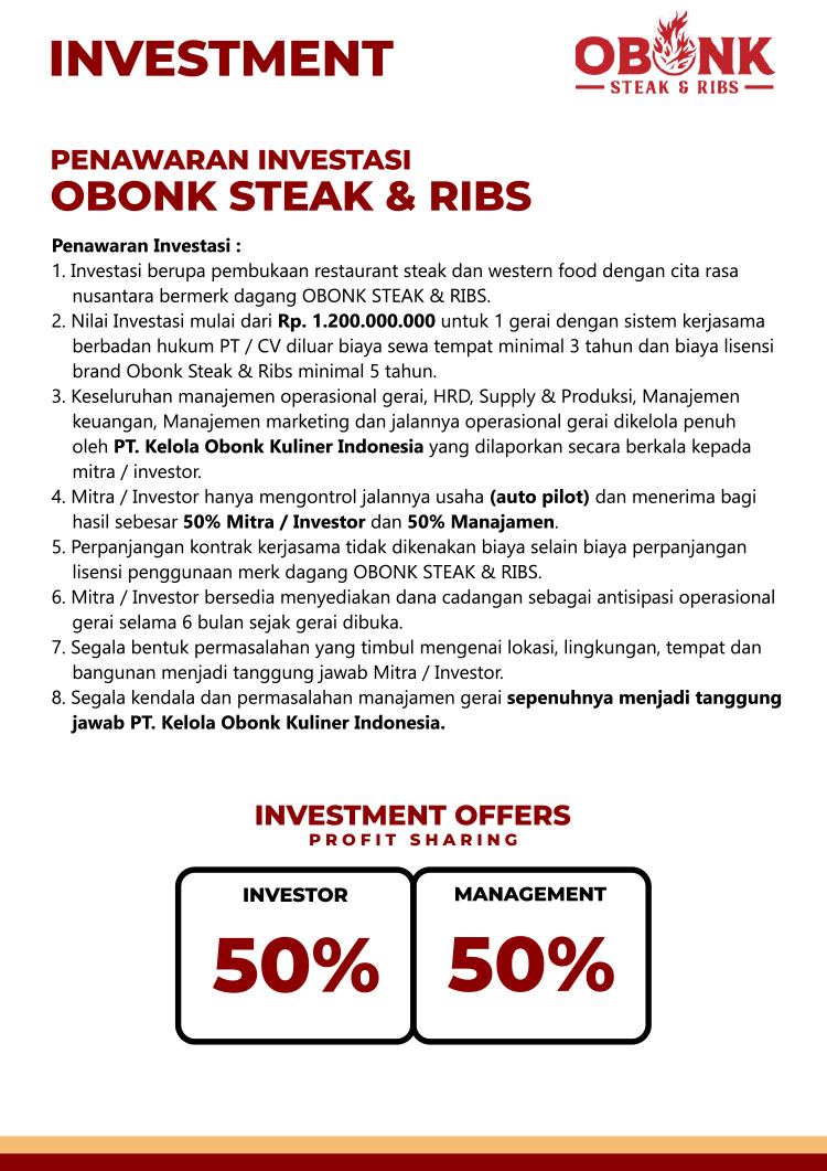 Kemitraan / Peluang Bisnis Resto Western Food Obonk Steak & Ribs Kemitraan / Peluang Bisnis Resto Western Food Obonk Steak & Ribs