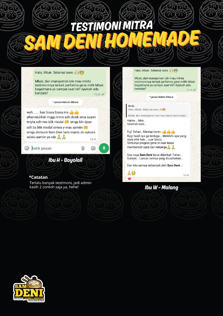 Kemitraan / Peluang Bisnis Dimsum, Gyoza, Wonton Homemade Sam Deni Kemitraan / Peluang Bisnis Dimsum, Gyoza, Wonton Homemade Sam Deni