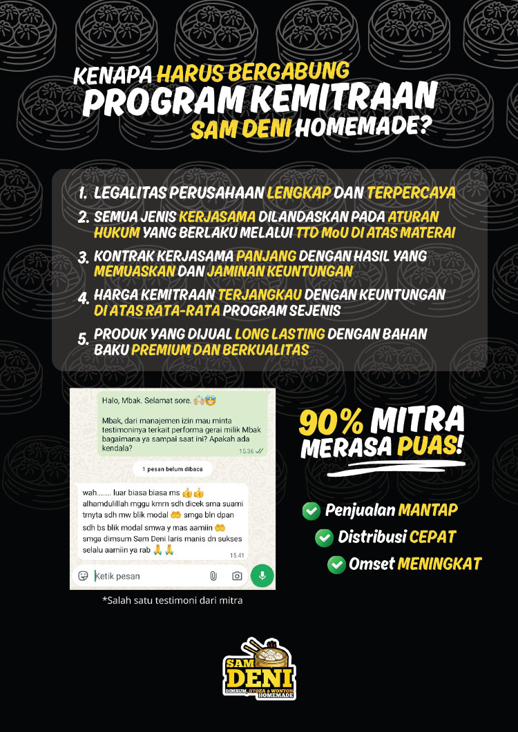 Kemitraan / Peluang Bisnis Dimsum, Gyoza, Wonton Homemade Sam Deni Kemitraan / Peluang Bisnis Dimsum, Gyoza, Wonton Homemade Sam Deni