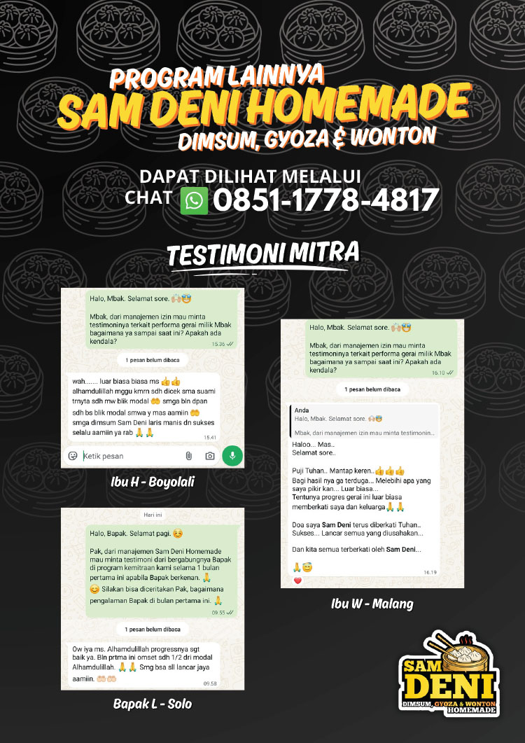 Kemitraan / Peluang Bisnis Dimsum, Gyoza, Wonton Homemade Sam Deni Kemitraan / Peluang Bisnis Dimsum, Gyoza, Wonton Homemade Sam Deni