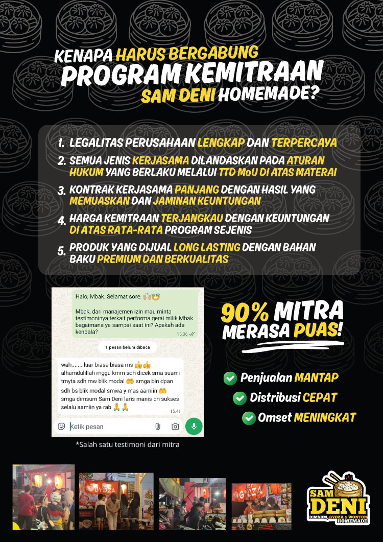 Kemitraan / Peluang Bisnis Dimsum, Gyoza, Wonton Homemade Sam Deni Kemitraan / Peluang Bisnis Dimsum, Gyoza, Wonton Homemade Sam Deni