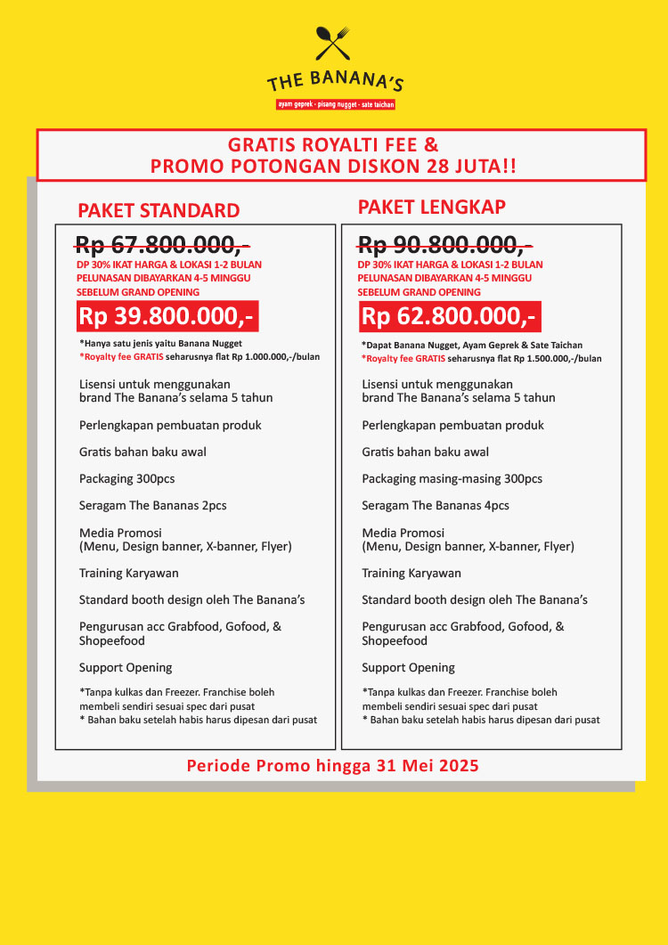 Kemitraan / Peluang Bisnis Pisang Nugget, Ayam Geprek, Sate Taichan The Banana's