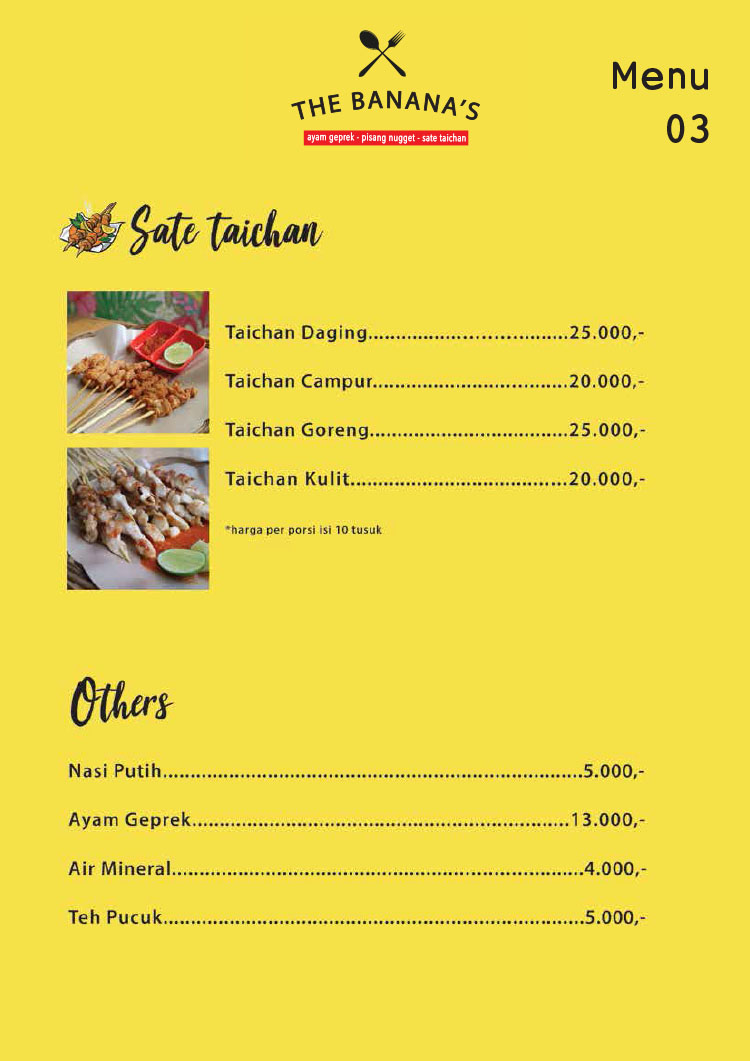 Kemitraan / Peluang Bisnis Pisang Nugget, Ayam Geprek, Sate Taichan The Banana's
